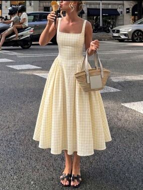 SHEIN Yellow Gingham Square Neck Midi Dress
